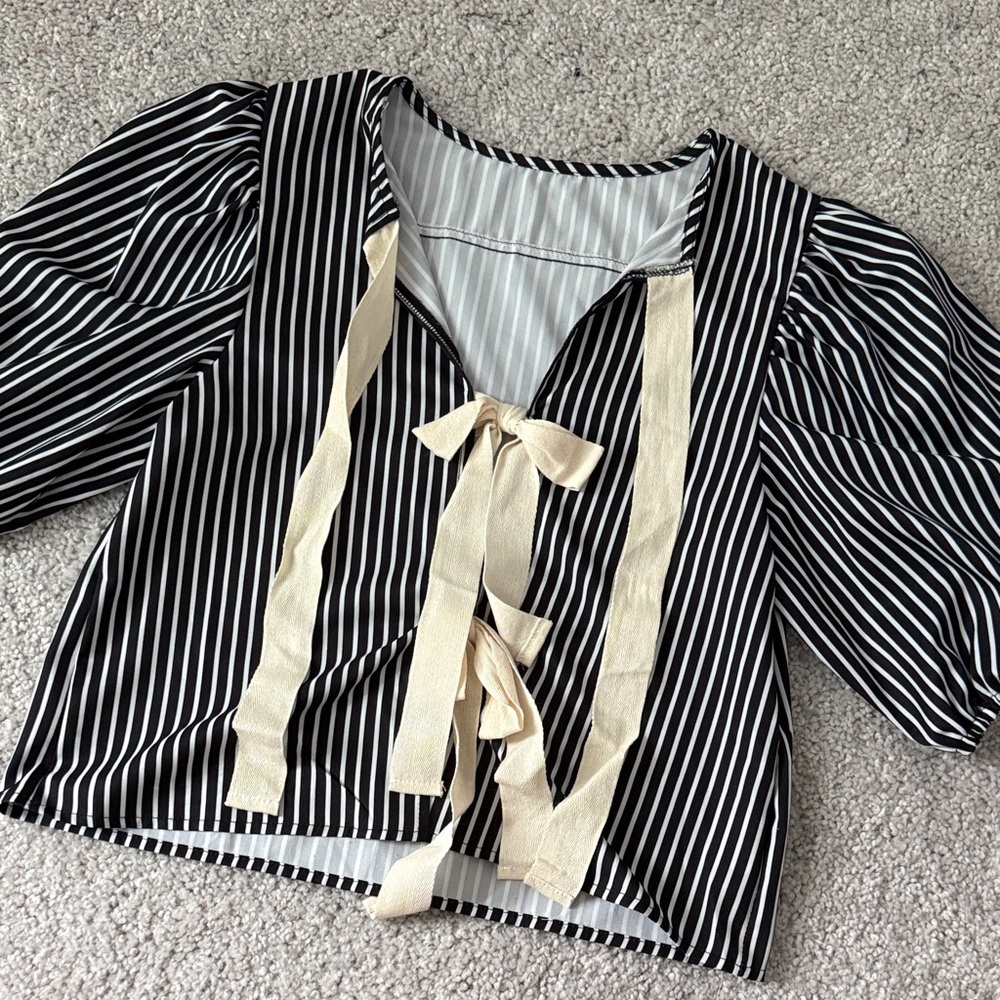 SHEIN Striped Blouse with Cream Bow Front